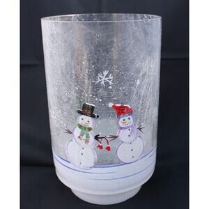 Crackle Candle holder/Planter SNOWMAN COUPLE w/ Trees Hand painted Clear/Large